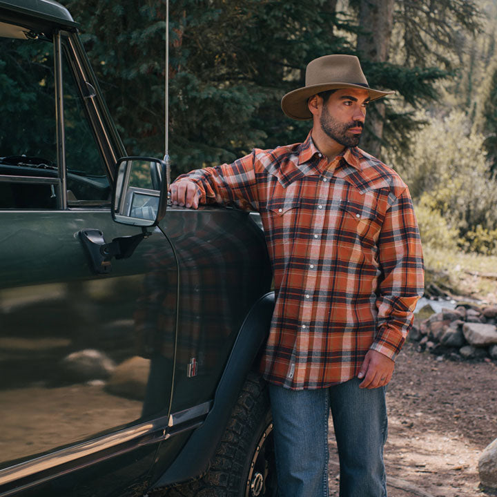 Brushed Twill Plaid Shirt | Stetson Orange