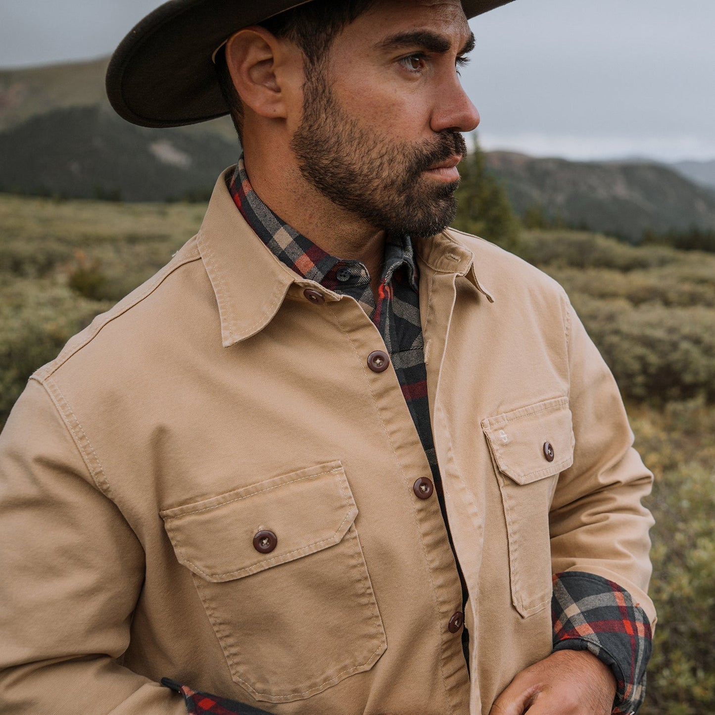 Camel Stretch Canvas Shirt Jacket | Stetson Brown