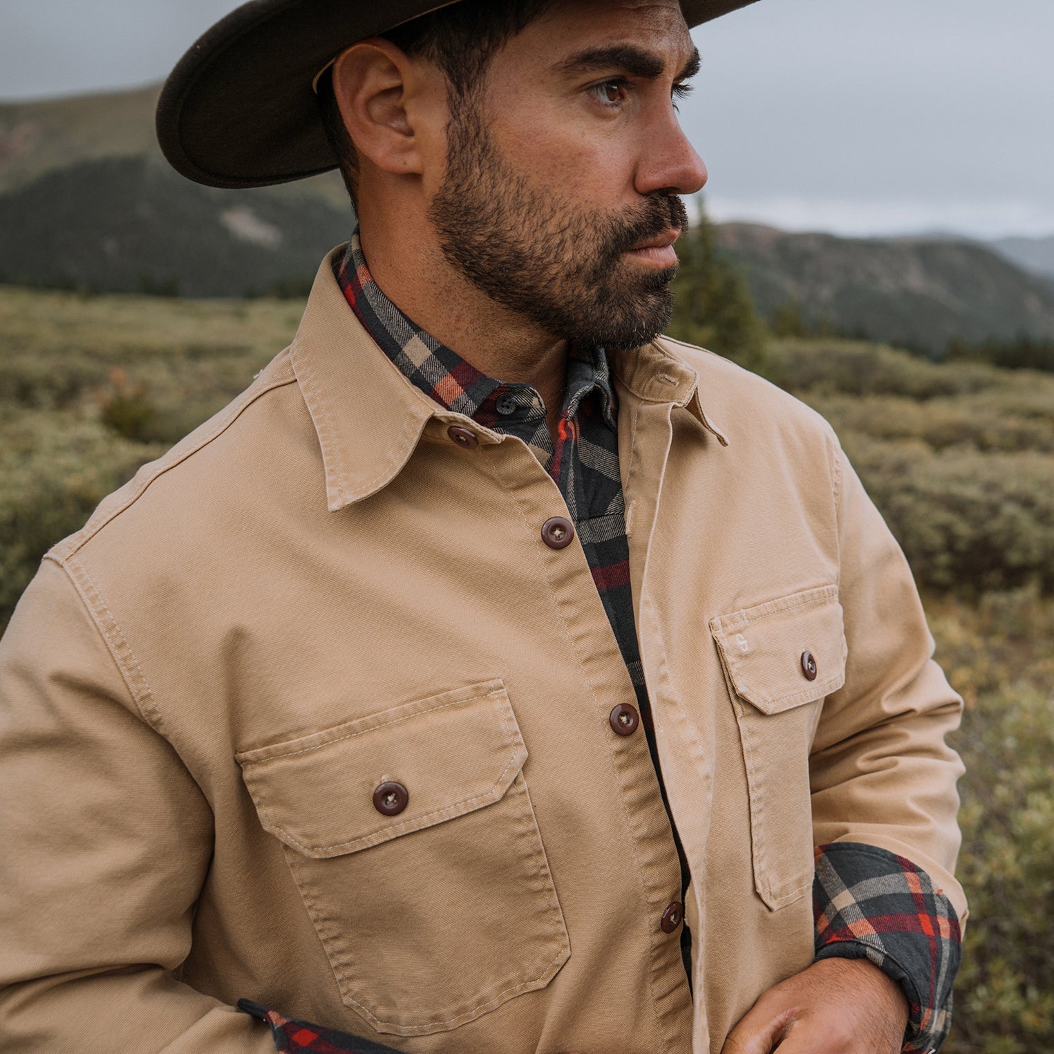 Camel Stretch Canvas Shirt Jacket | Stetson Brown