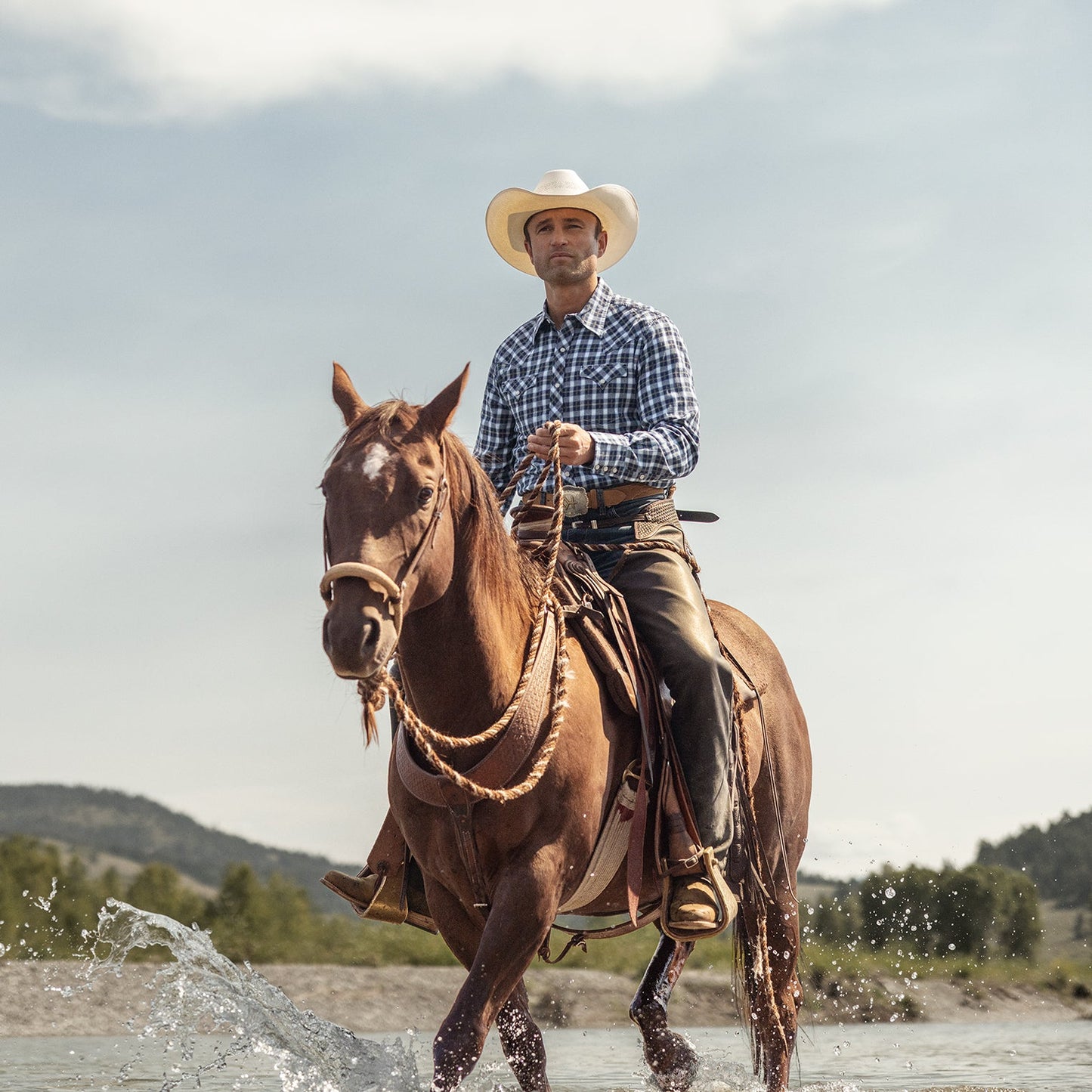 Plaid Twill Dobby Western Shirt | Stetson Blue