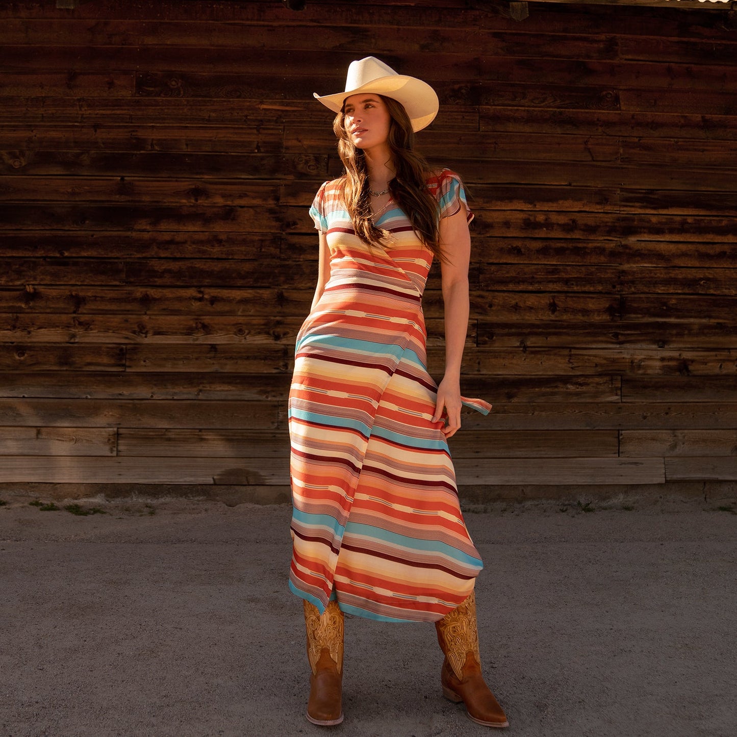 Sunset Serape Print Rayon Herringbone Wrap Front Dress | Stetson Multi