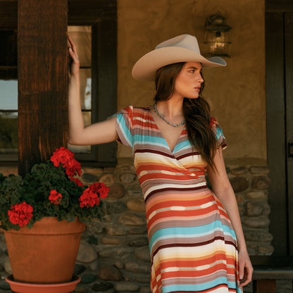 Sunset Serape Print Rayon Herringbone Wrap Front Dress | Stetson Multi