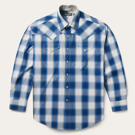 Navy Gold Ombre Plaid Western Shirt | Stetson Blue