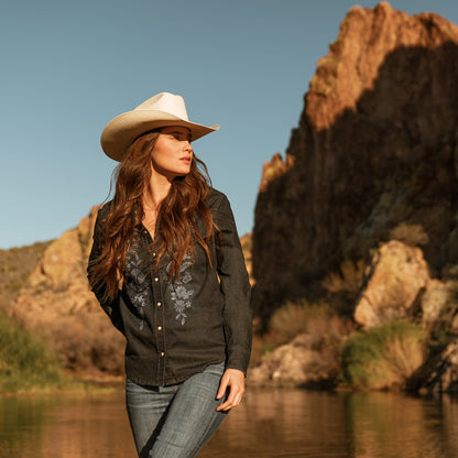 Embroidered Dark Denim Snap Front Shirt | Stetson Blue
