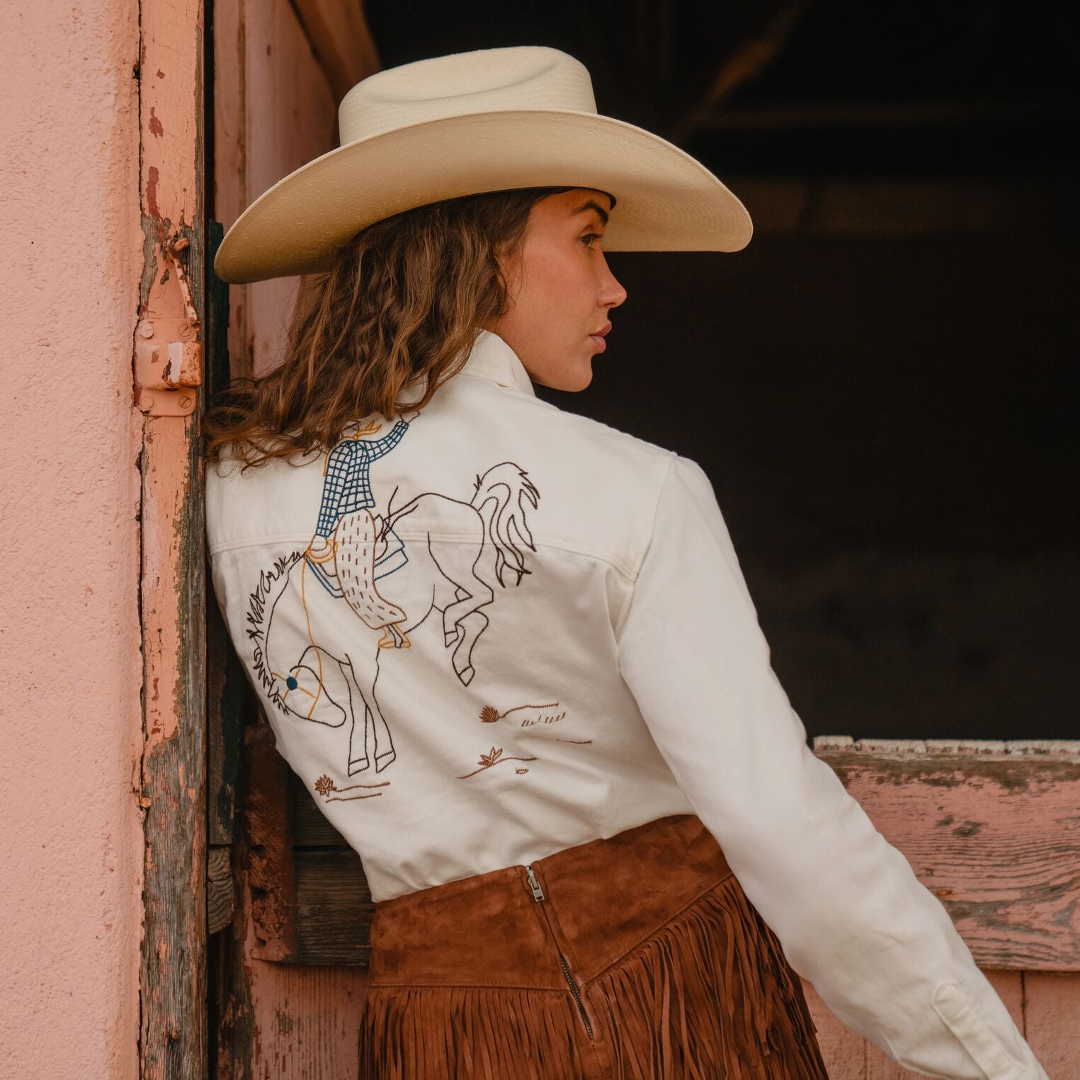 Western Embroidered Denim Shirt | Stetson White