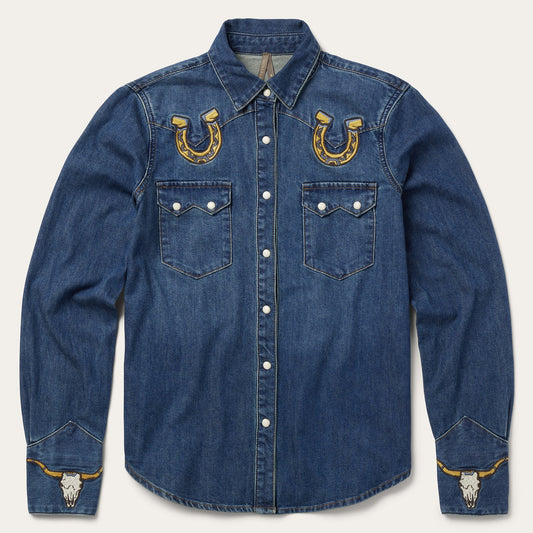 Embroidered Dark Denim Western Shirt | Stetson Blue