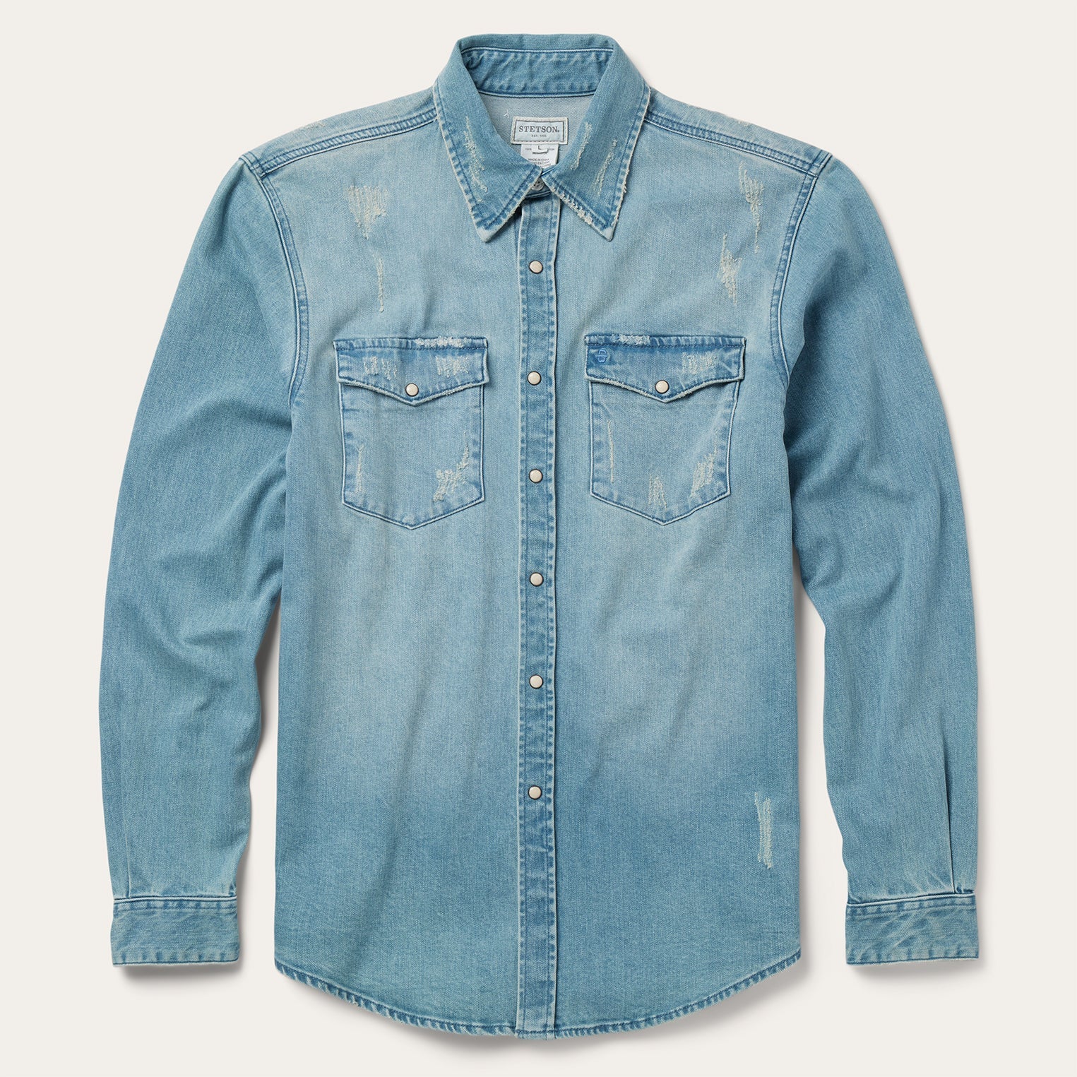 Distressed Denim Western Shirt | Stetson Blue