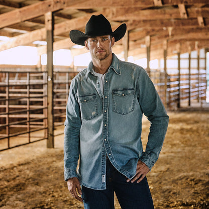 Distressed Denim Western Shirt | Stetson Blue
