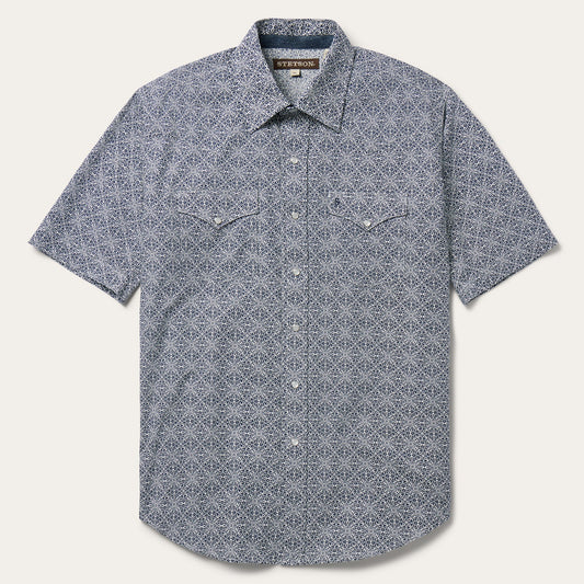 Navy Print Short Sleeve Western Shirt | Stetson Blue