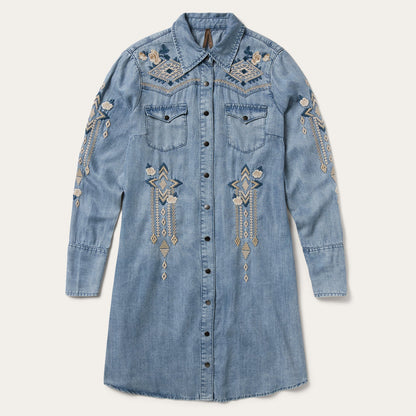 Embroidered Denim Twill Shirt Dress | Stetson Blue