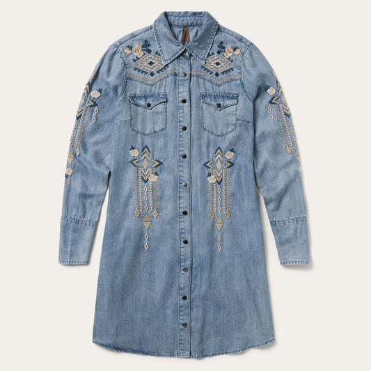 Embroidered Denim Twill Shirt Dress | Stetson Blue