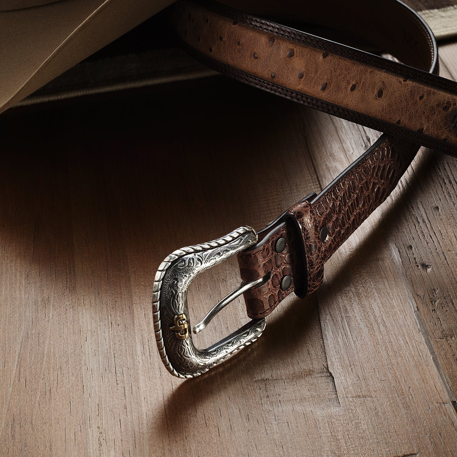 Ostrich Print Croco Embossed Western Tabs Belt | Stetson Cognac/California Nut