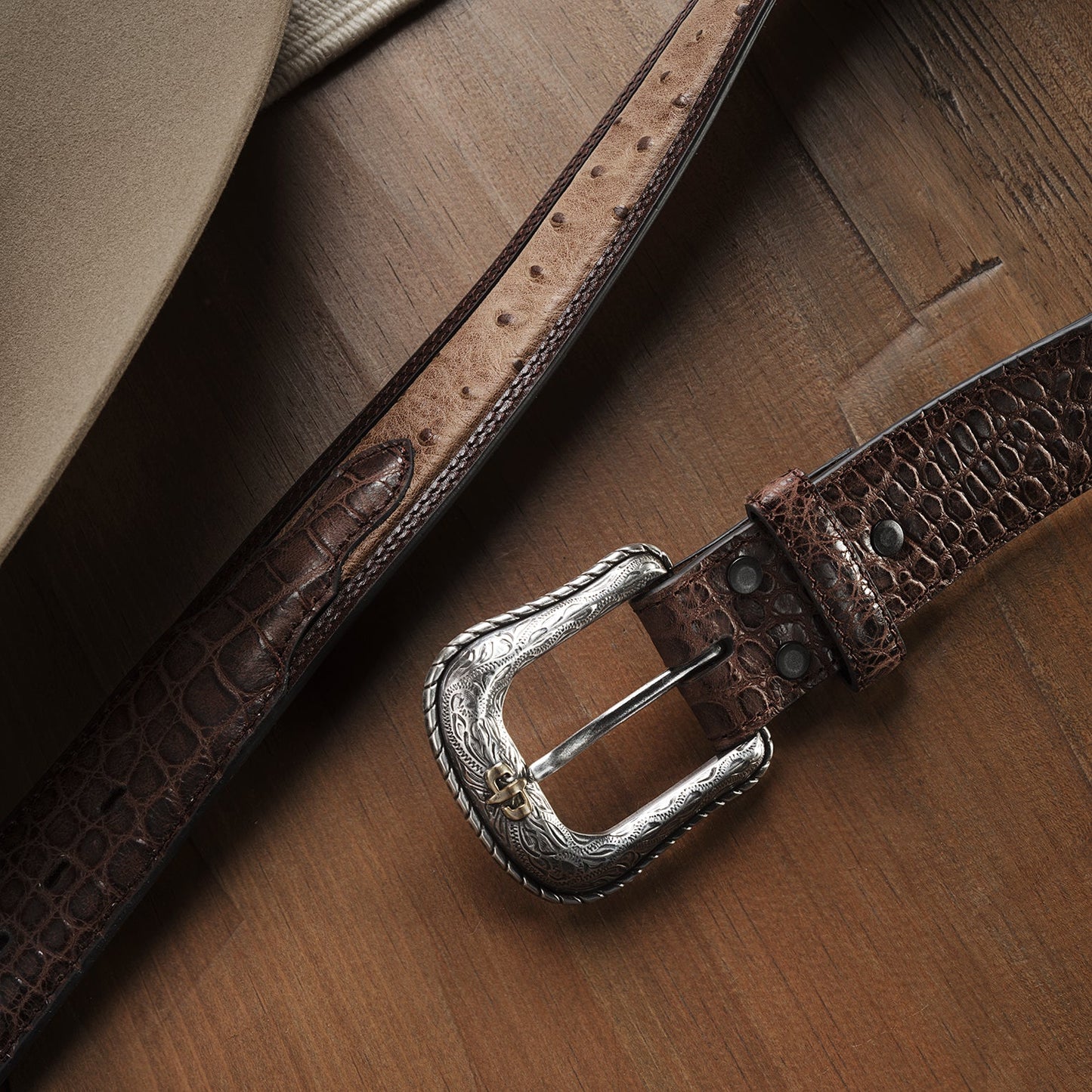 Ostrich Print Croco Embossed Western Tabs Belt | Stetson Cognac/California Nut