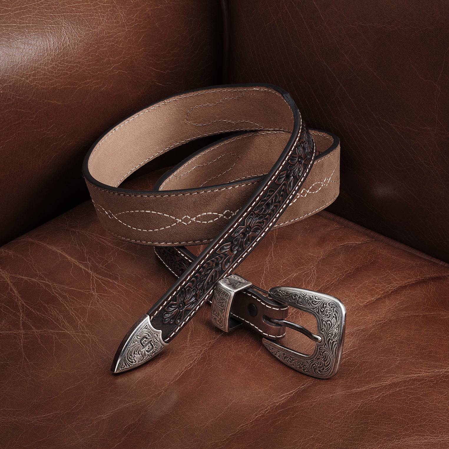 Tooled Tapered Belt | Stetson Brown/Sand