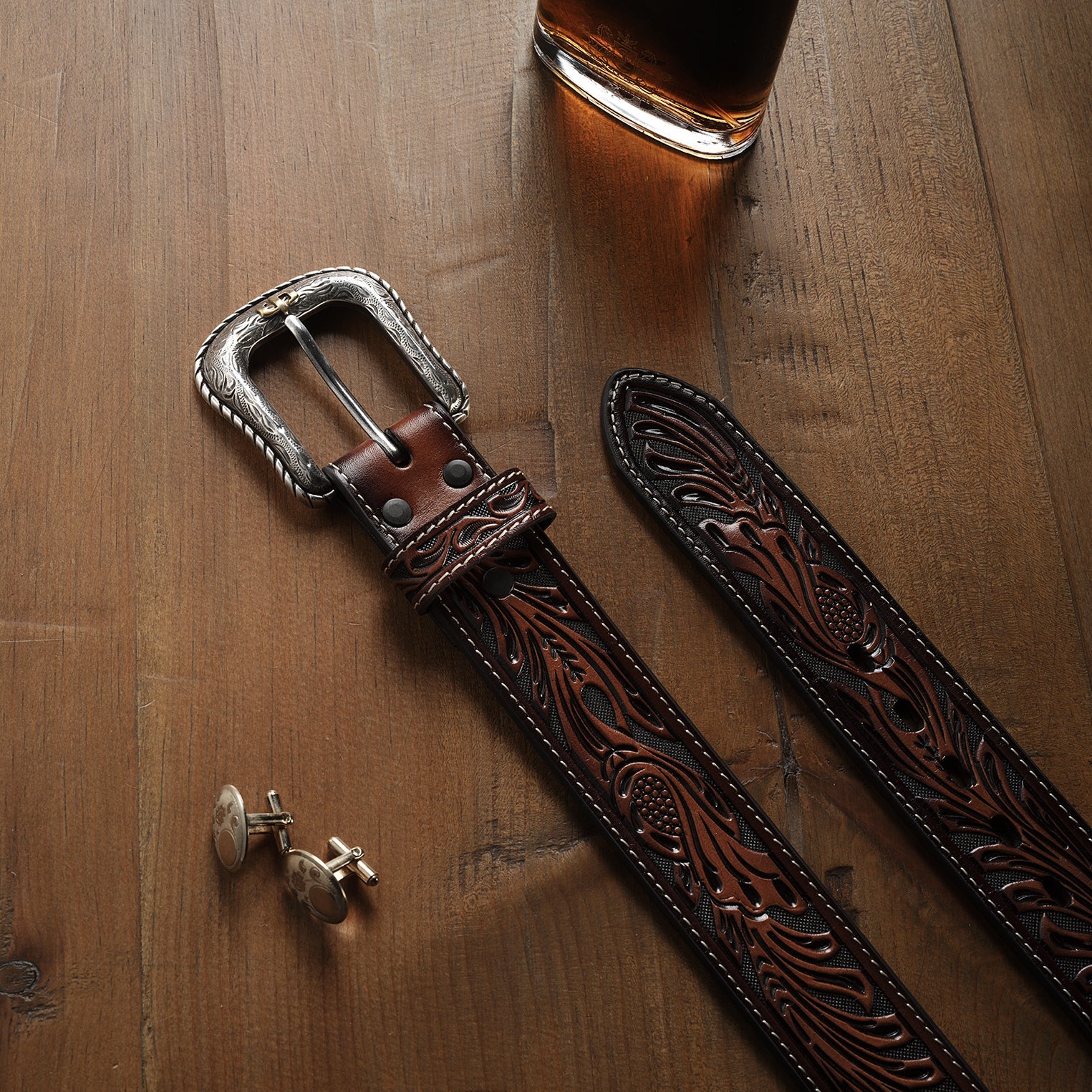 Tooled Belt | Stetson Dark Brown