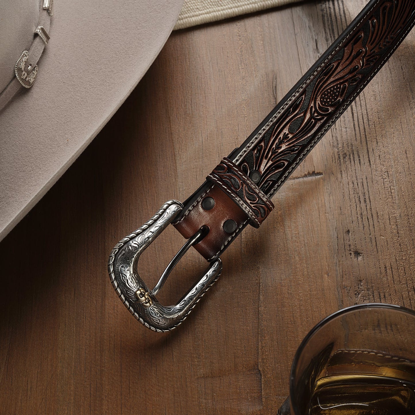 Tooled Belt | Stetson Dark Brown