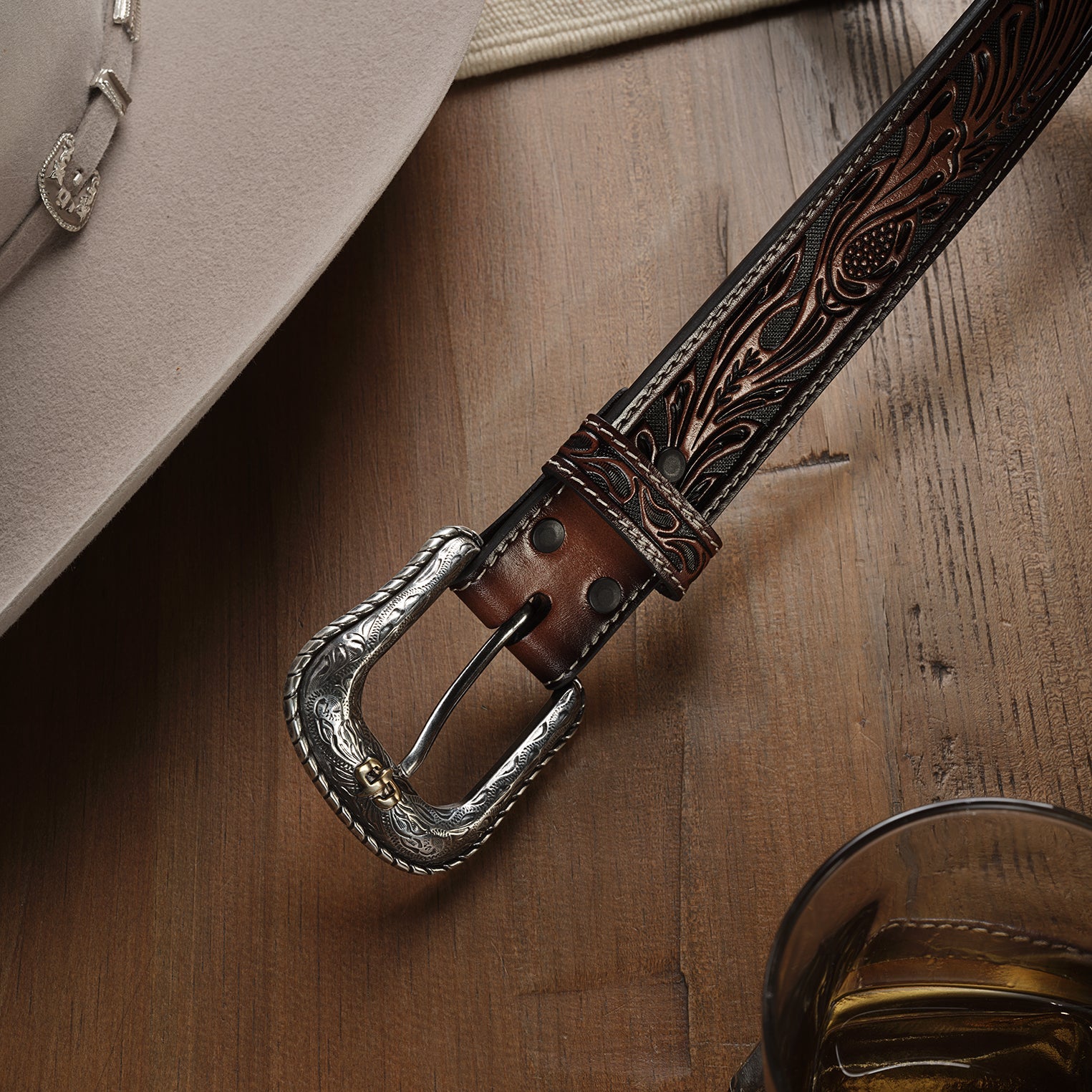 Tooled Belt | Stetson Dark Brown