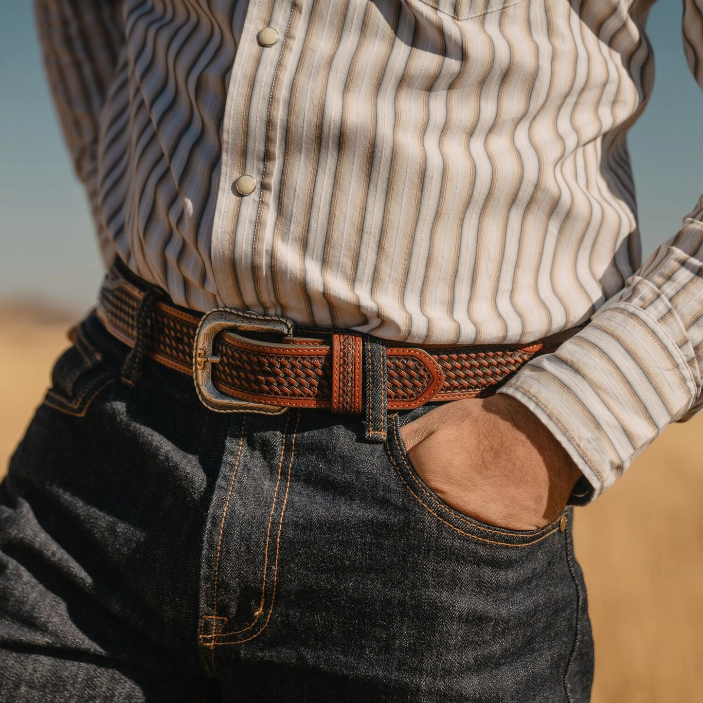 Pebble Leather Basket Weave Tabs Belt | Stetson Natural/Brown