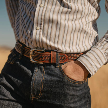 Pebble Leather Basket Weave Tabs Belt | Stetson Natural/Brown