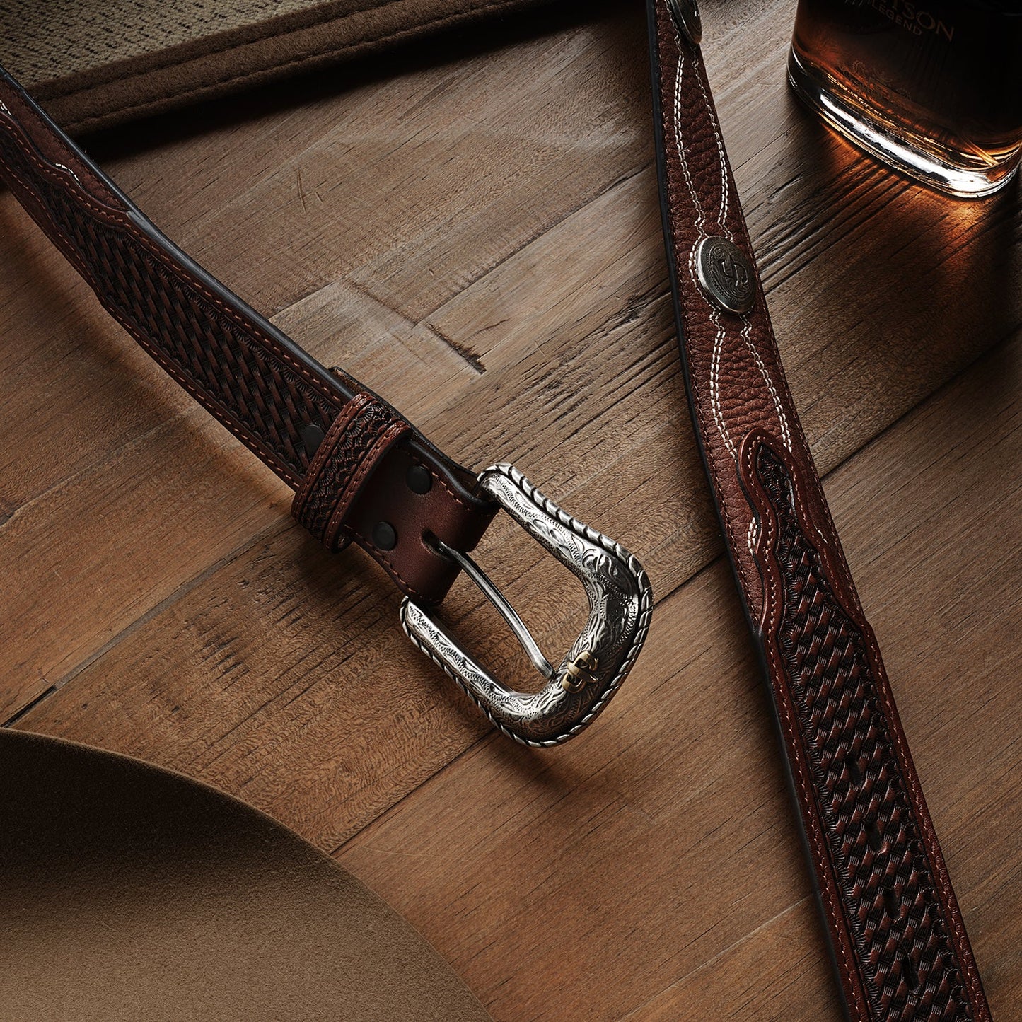 Pebble Leather Basket Weave Tabs Belt | Stetson Natural/Brown