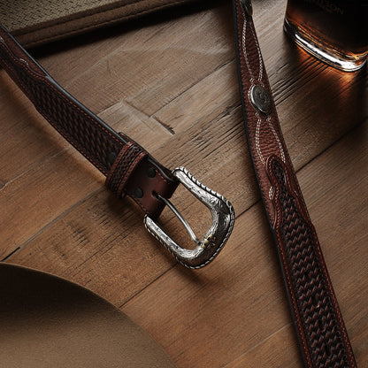 Pebble Leather Basket Weave Tabs Belt | Stetson Natural/Brown