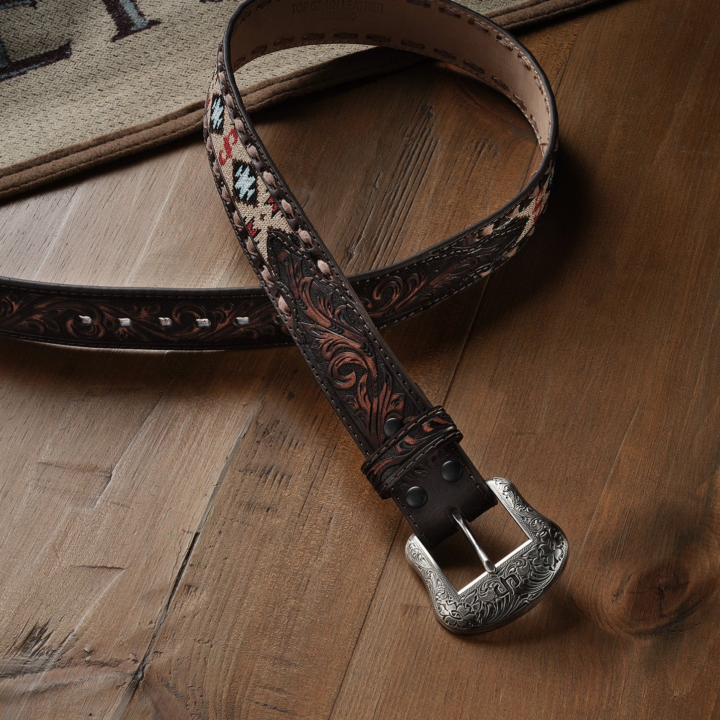 Embroidered Tooled Tab Belt | Stetson Vintage Brown