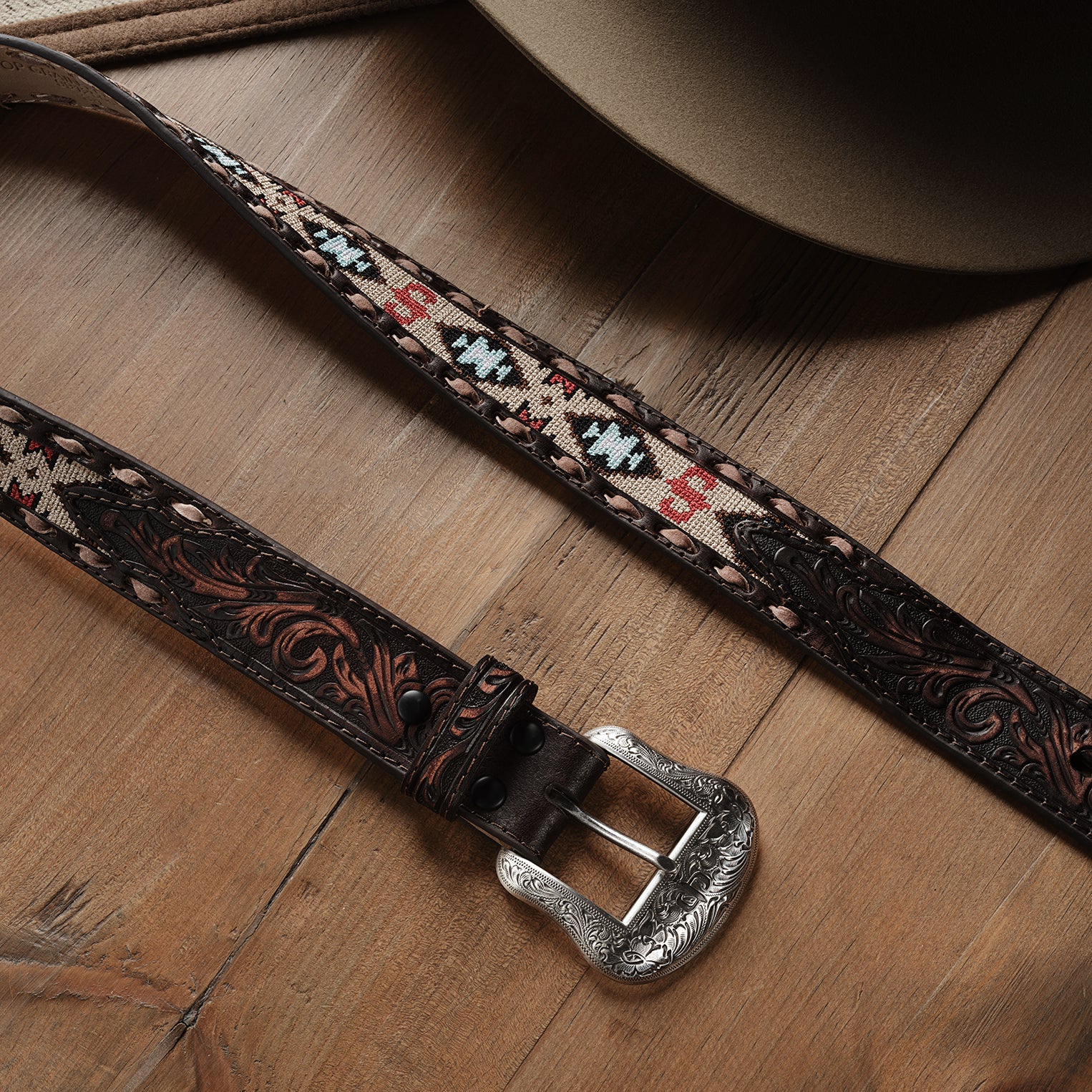 Embroidered Tooled Tab Belt | Stetson Vintage Brown