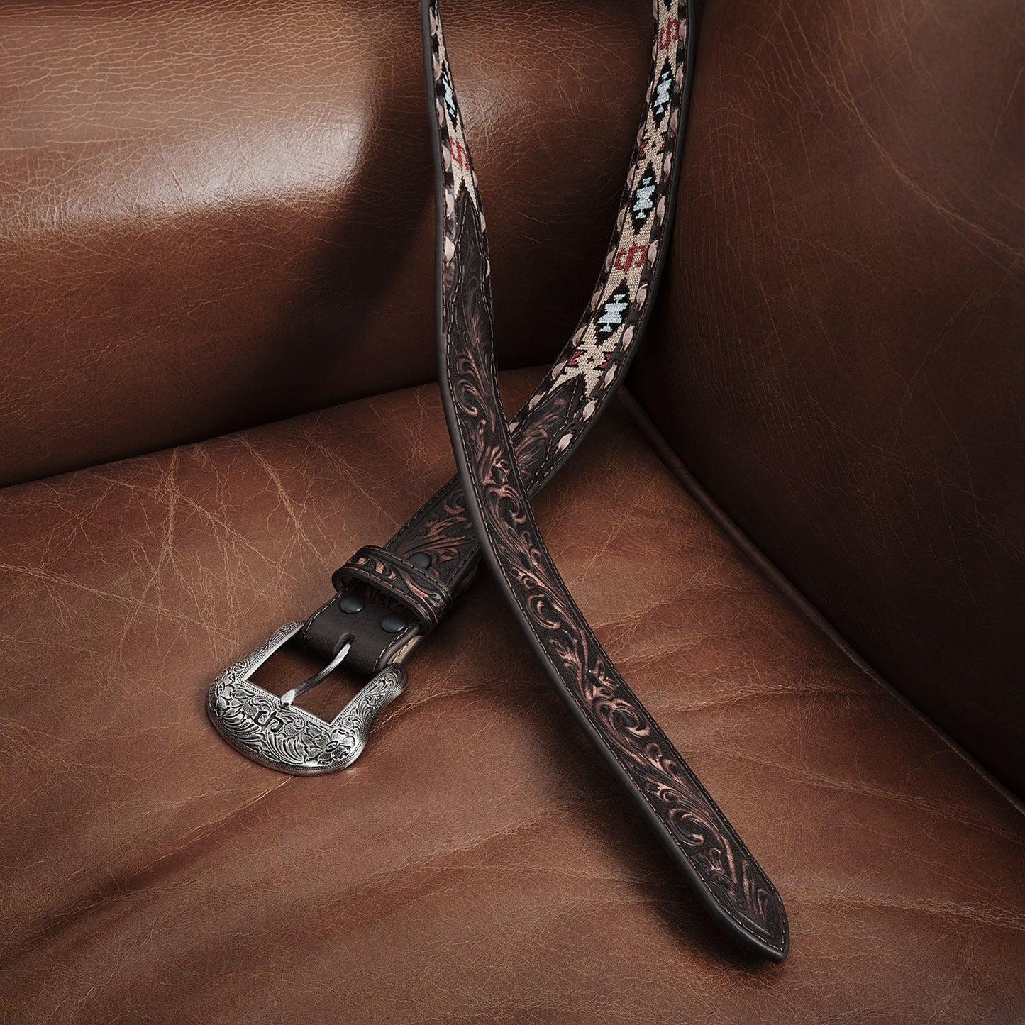 Embroidered Tooled Tab Belt | Stetson Vintage Brown