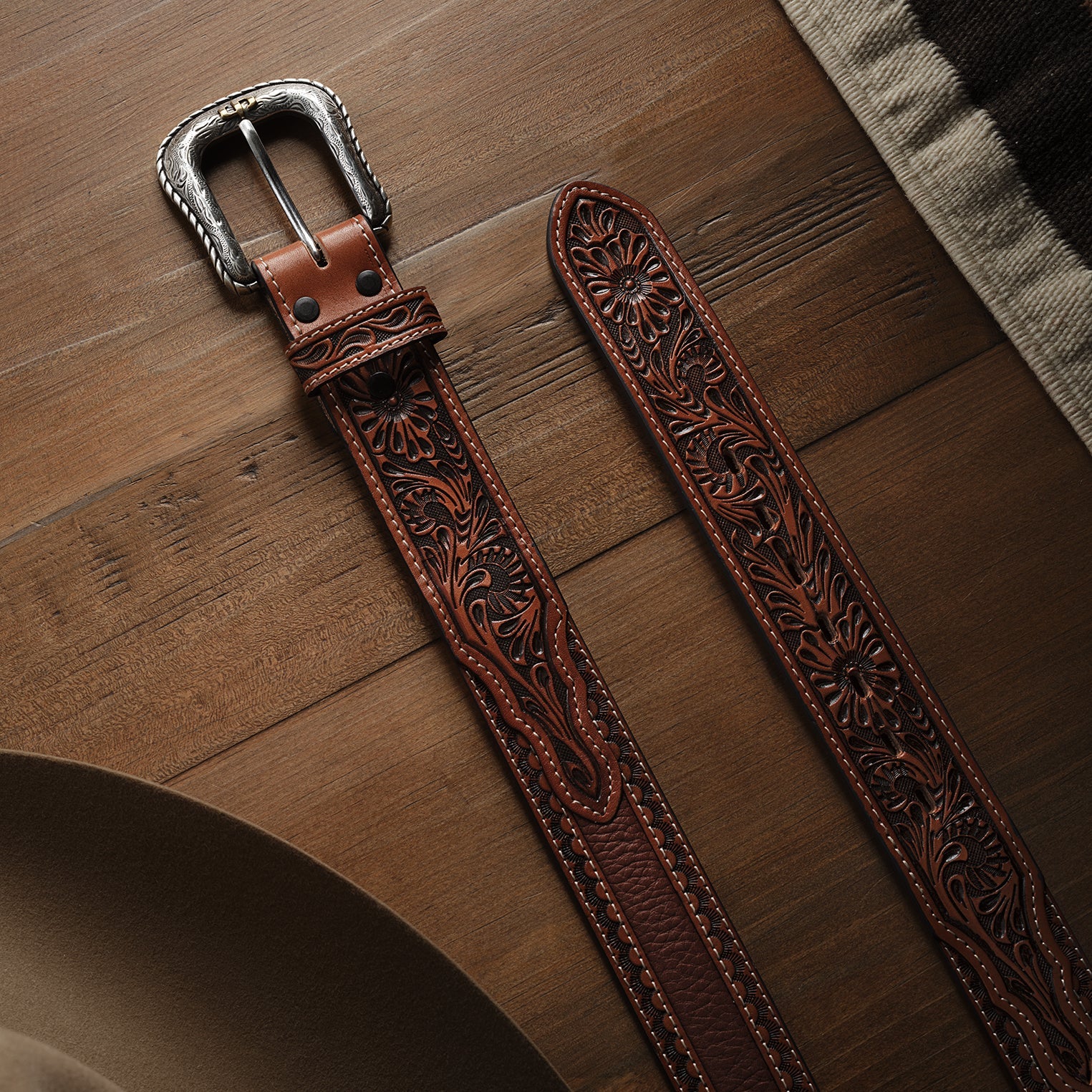 Tooled Tab Belt | Stetson Cognac