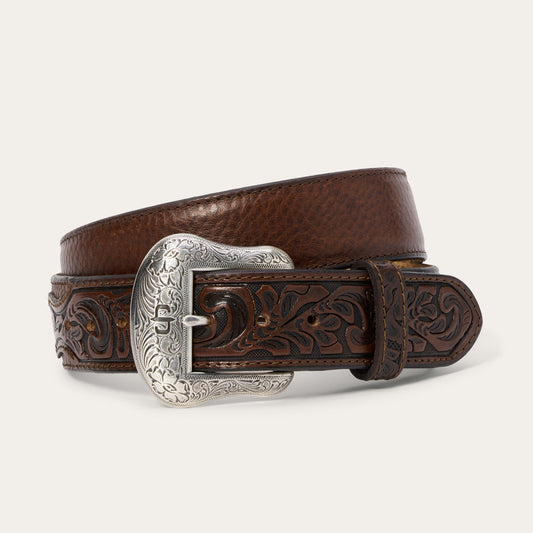 Bison Leather Tooled Tab Belt | Stetson Hazelnut Bison
