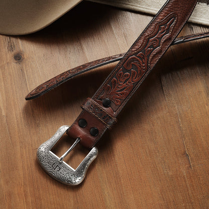 Bison Leather Tooled Tab Belt | Stetson Hazelnut Bison