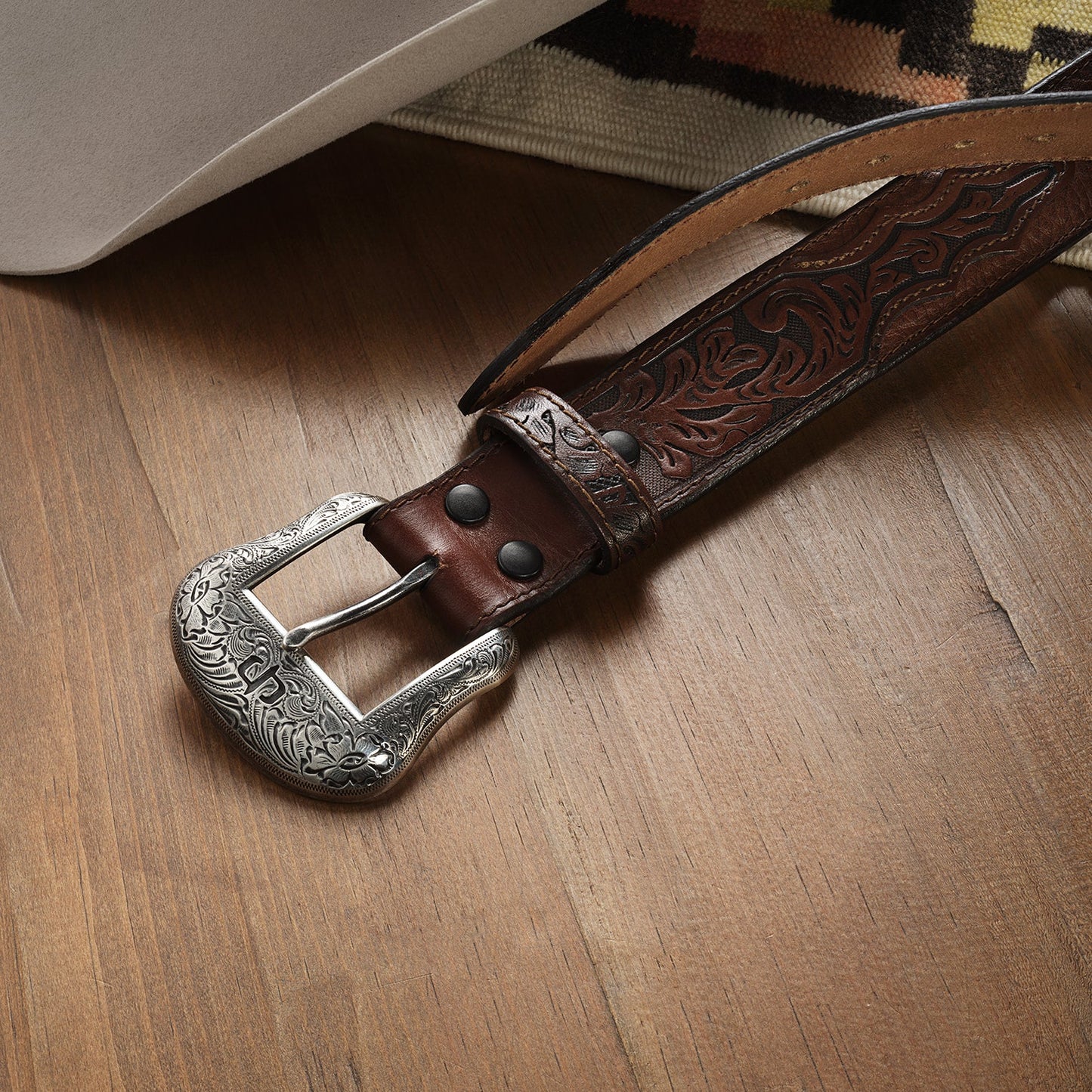 Bison Leather Tooled Tab Belt | Stetson Hazelnut Bison