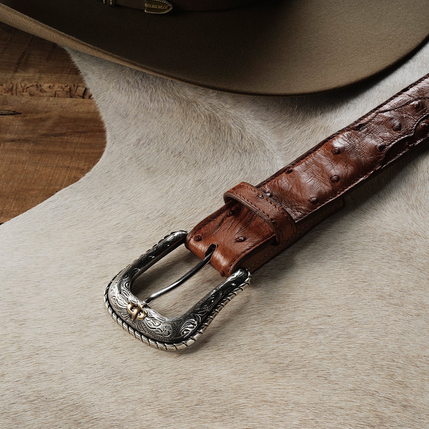 Ostrich Western Tab Belt | Stetson Antique Cognac