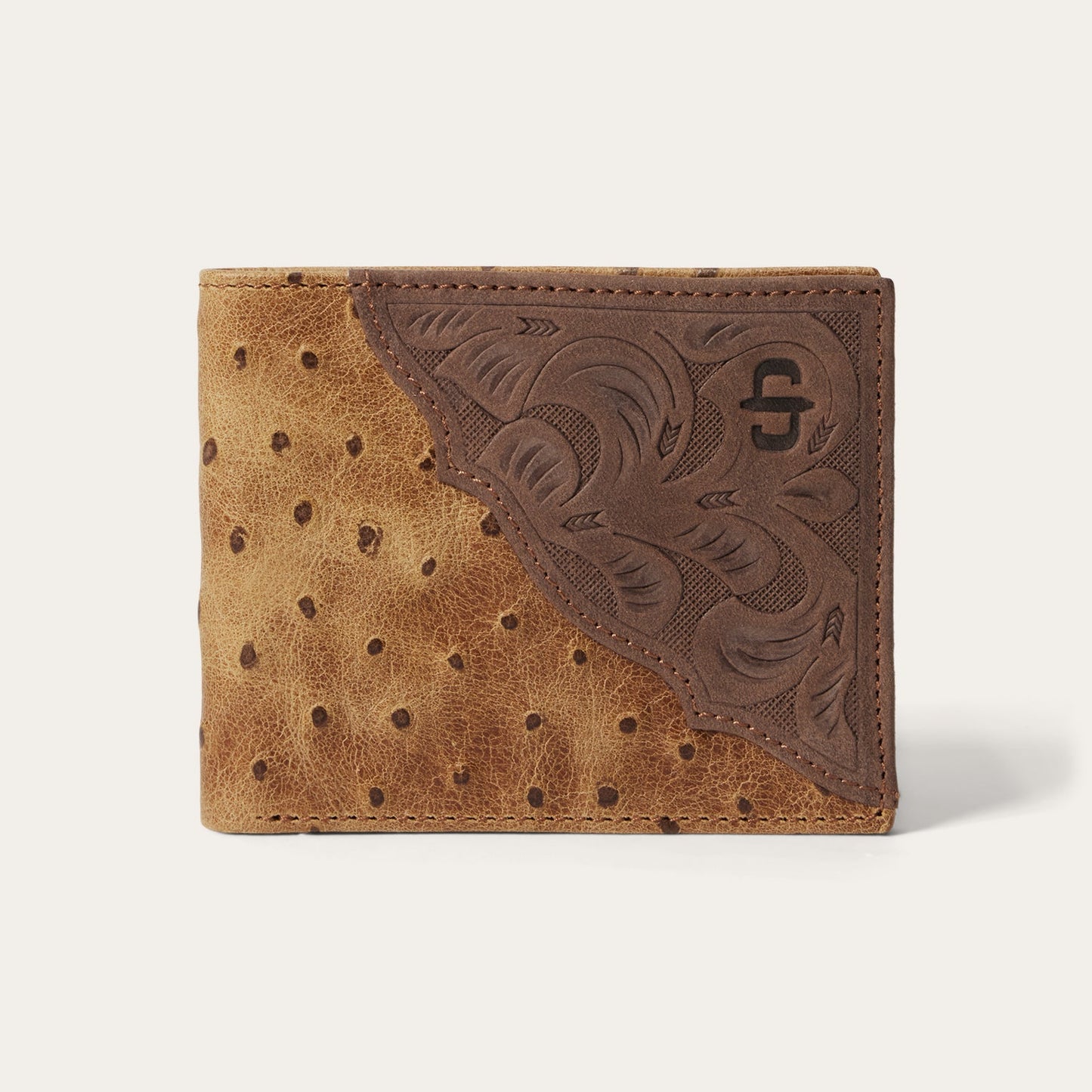Tooled Embossed Ostrich Bi-Fold Wallet | Stetson Brown / California Nut