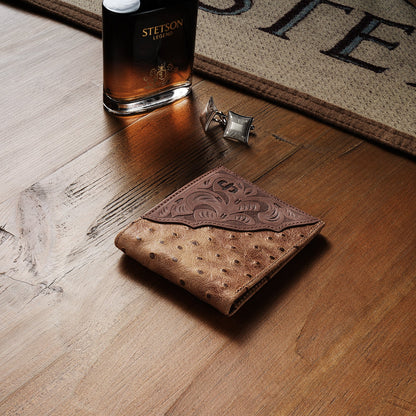 Tooled Embossed Ostrich Bi-Fold Wallet | Stetson Brown / California Nut