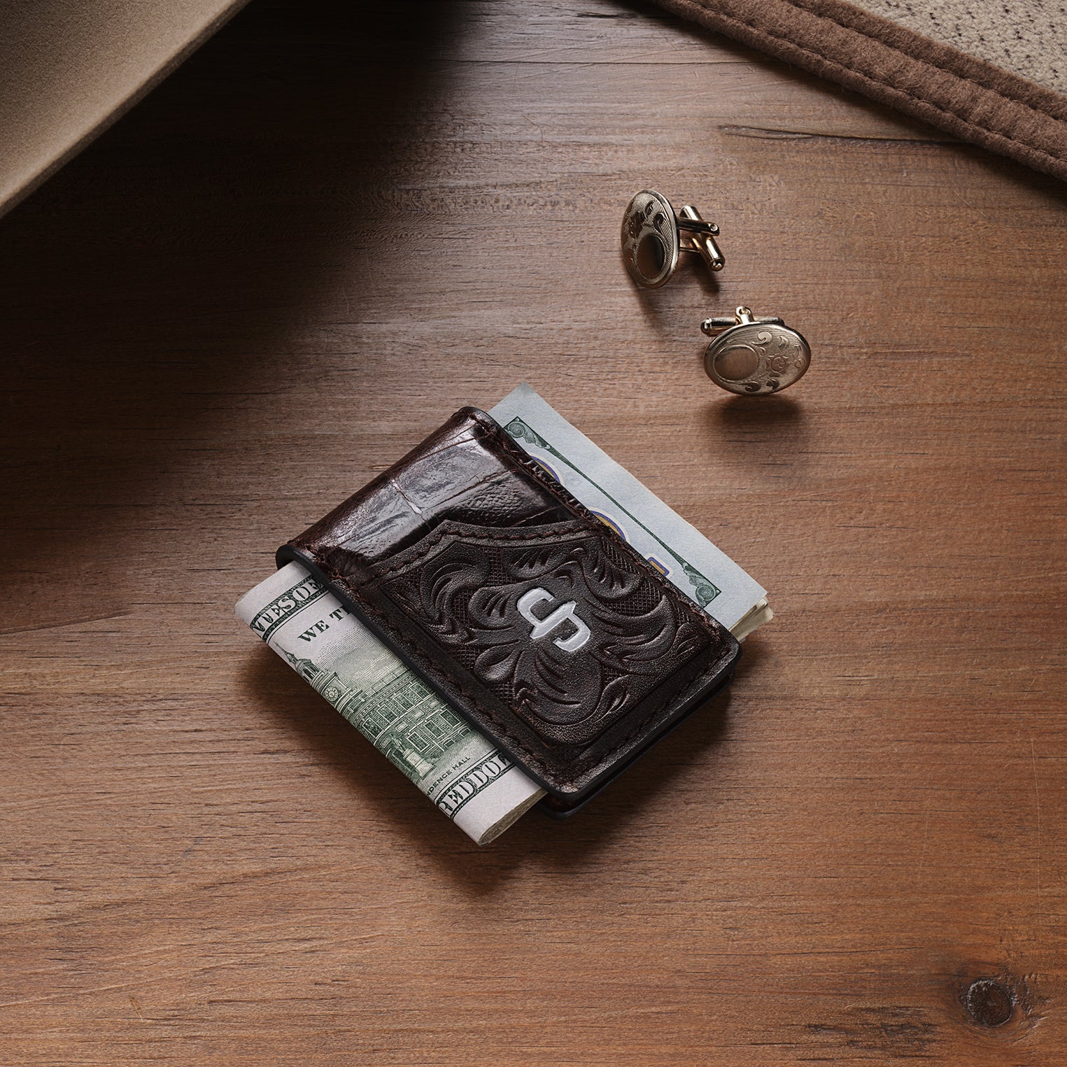 Tooled Embossed Croco Money Clip | Stetson Brown