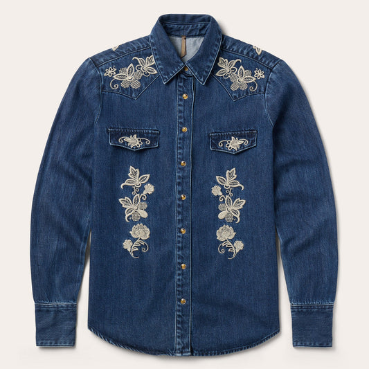 Floral Embroidered Dark Denim Shirt | Stetson Blue