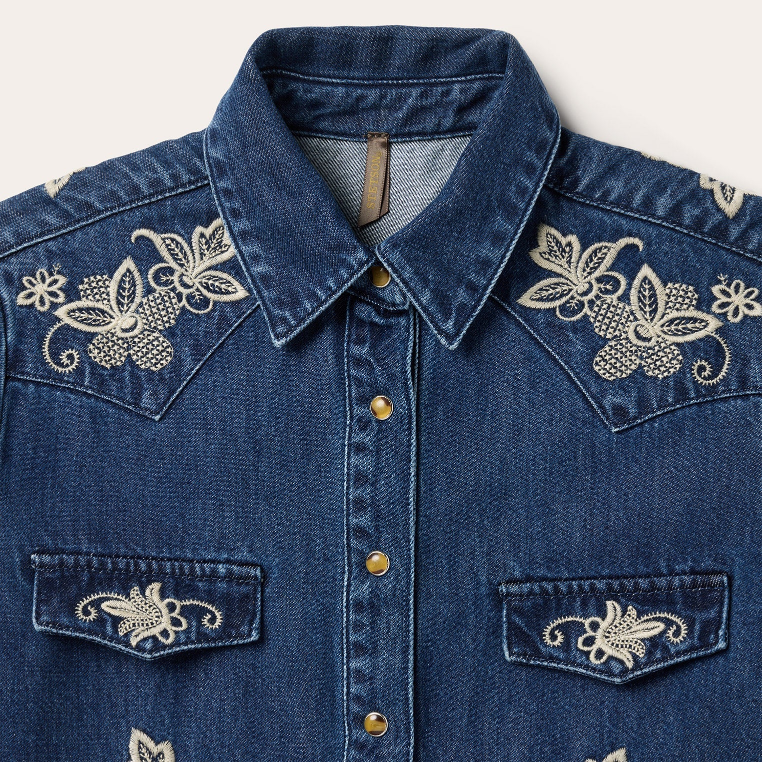 Floral Embroidered Dark Denim Shirt | Stetson Blue