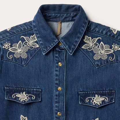 Floral Embroidered Dark Denim Shirt | Stetson Blue