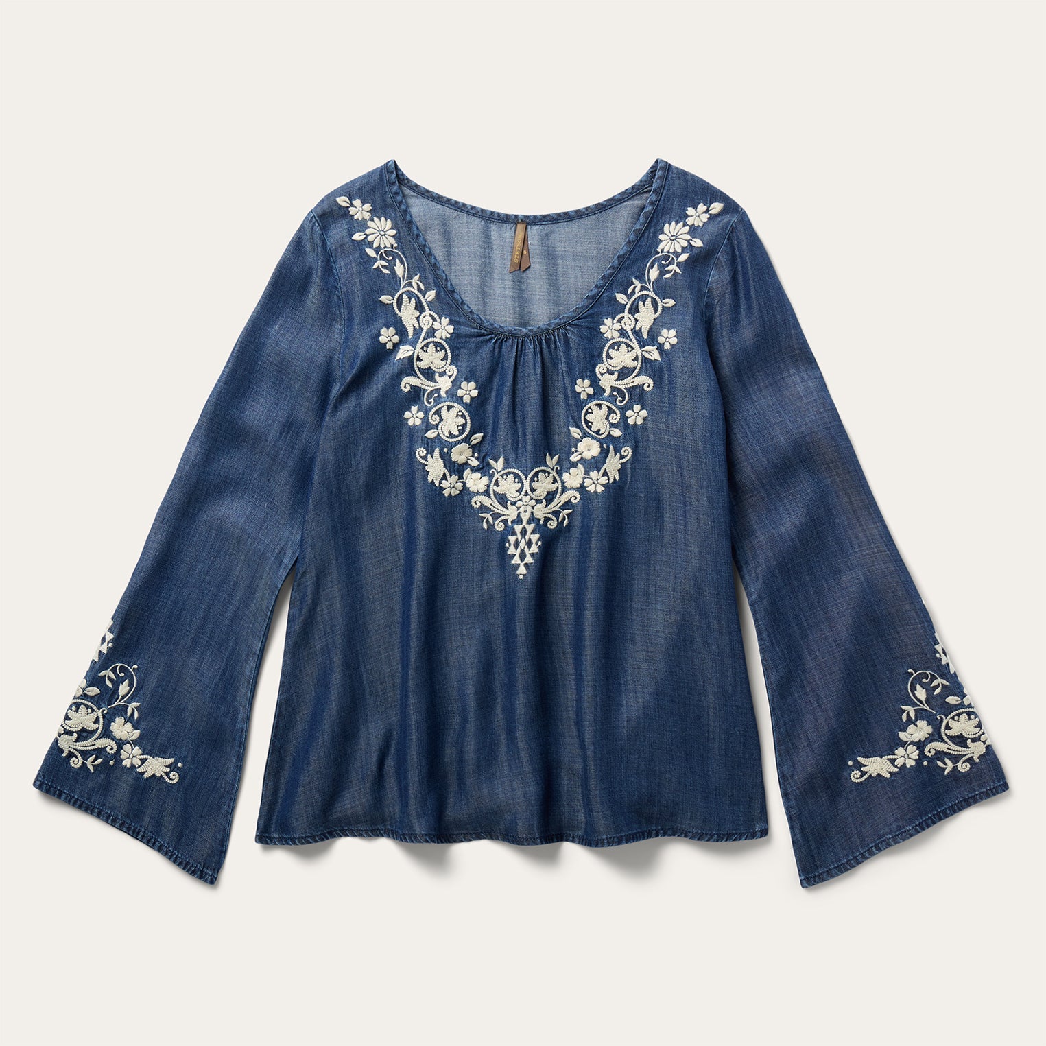 Embroidered Denim Peasant Blouse | Stetson Blue