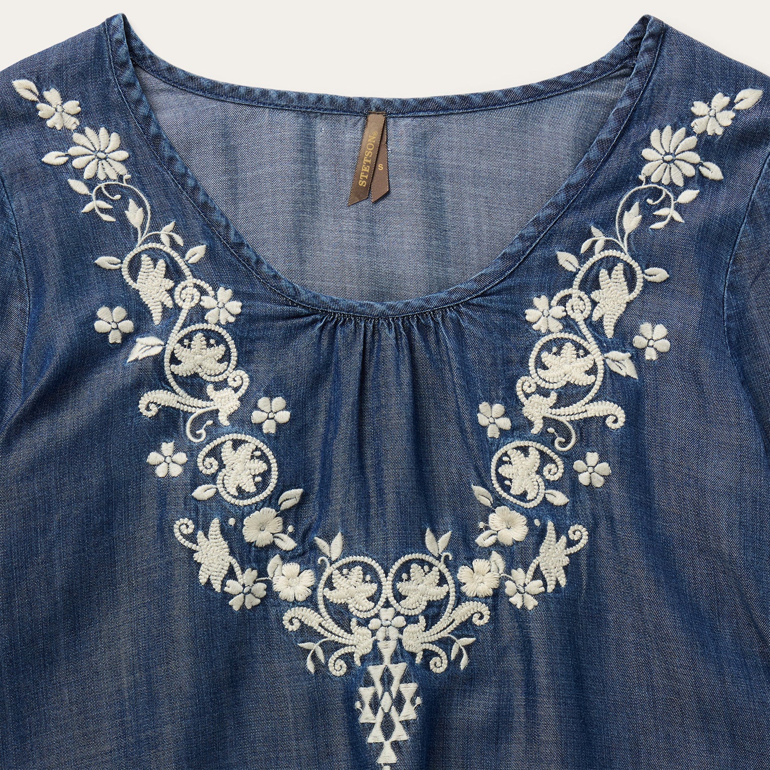 Embroidered Denim Peasant Blouse | Stetson Blue