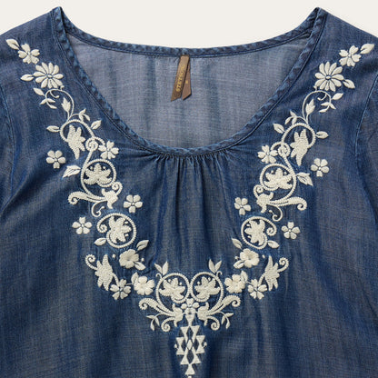 Embroidered Denim Peasant Blouse | Stetson Blue