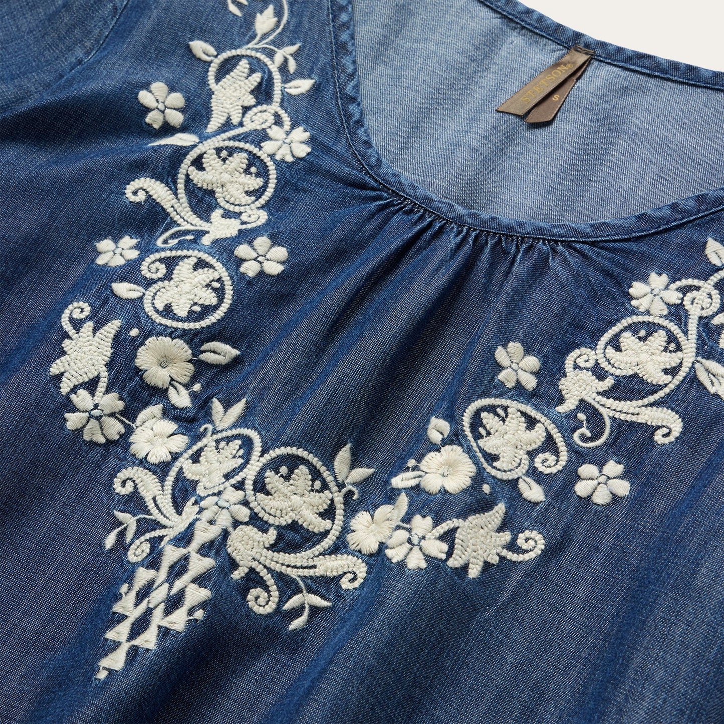 Embroidered Denim Peasant Blouse | Stetson Blue