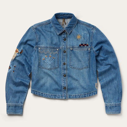 Embroidered Denim Button-Up Cropped Shirt | Stetson Blue