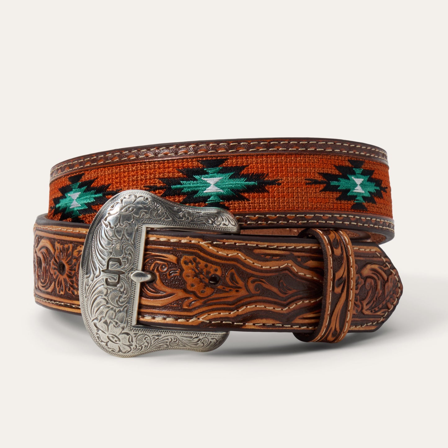 Tooled Tab Embroidered Belt | Stetson Tan